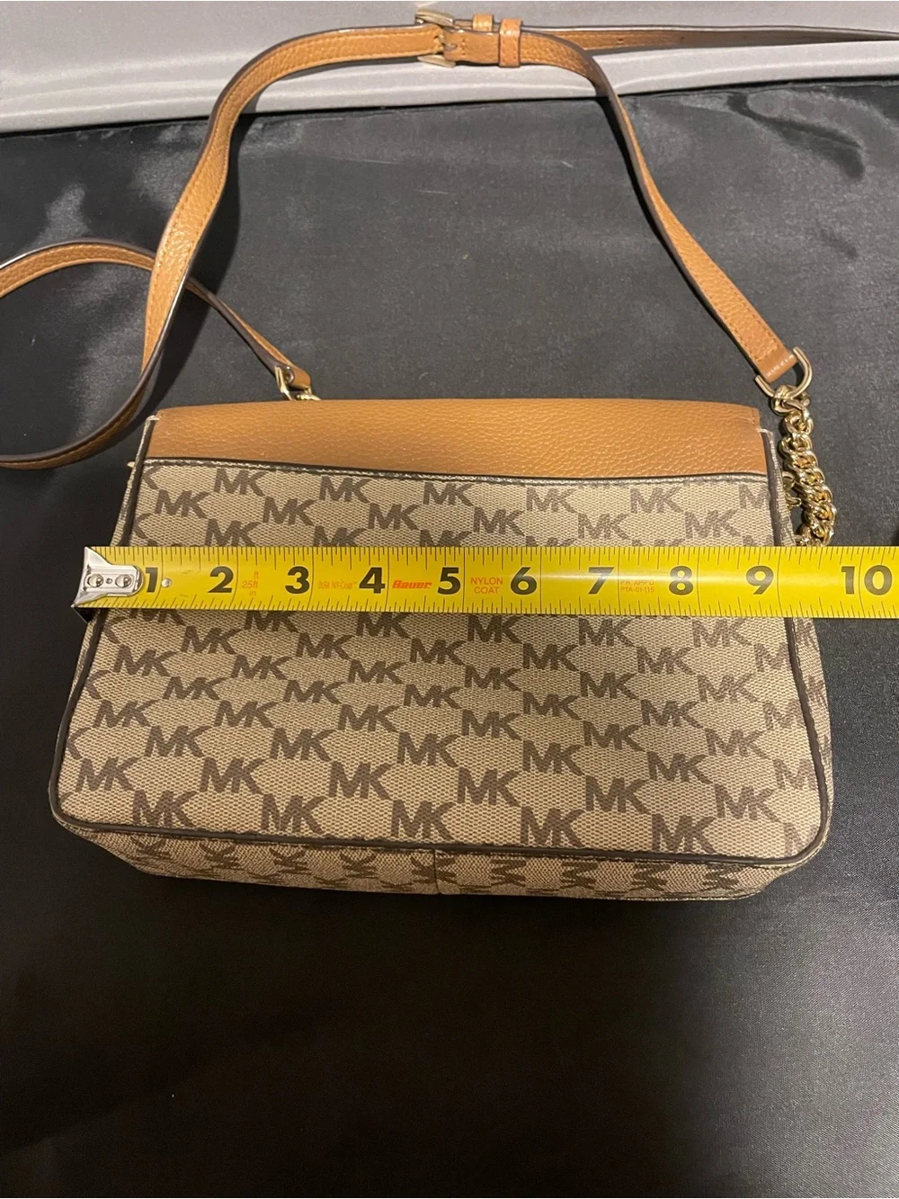 Michael Kors Brown/White Logo Crossbody Bag, Snap Closure, Gold Hardware